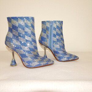 Gianni Bini Alfiee Checkered Rhinestone Flared Heeled Booties Size 5